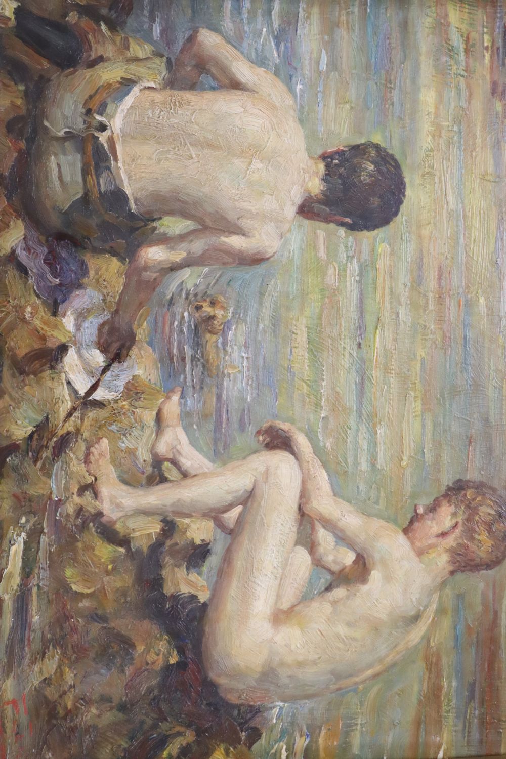 After Henry Scott Tuke, oil on board, Boys on the seashore, 29 x 38cm